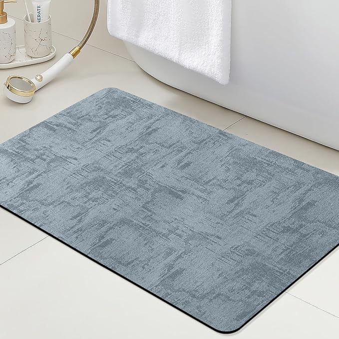 Ultra Thin Bath Mat, Upgrade Backing Non Slip Thin Bath Mats Fit Under Door, Quick Dry Ultra Absorbent Bathroom Rugs, Machine Washable Bath Rugs for Bathroom, Bathtub, Haze Blue/Marble/32"x20"