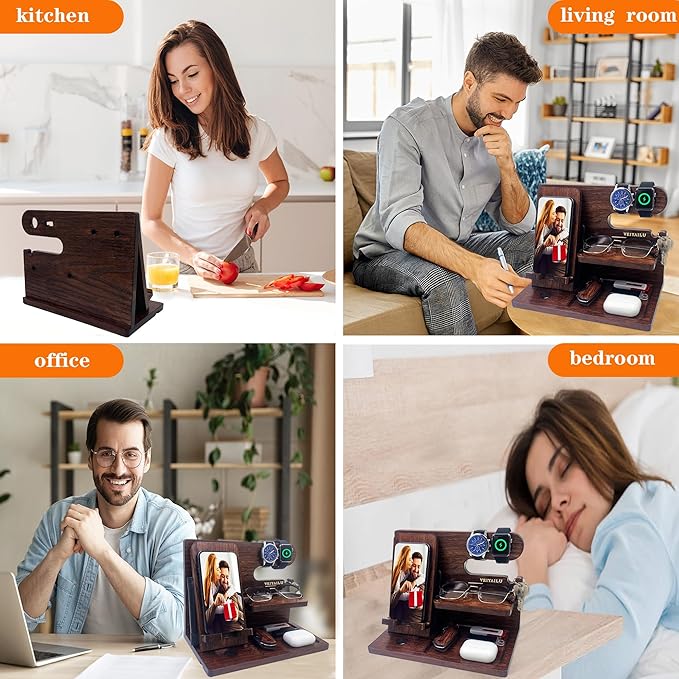 Gifts for Men Women Brother Boss Boyfriend Him Nightstand Organizer Gifts for Dad from Daughter Son Wood Phone Docking Station (Dark Brown)
