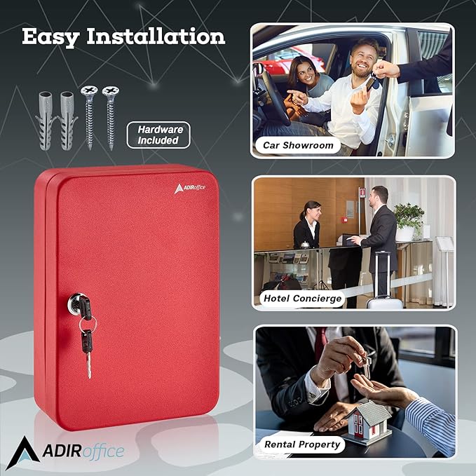 AdirOffice Key Lock Box – 48 Key Hooks Wall Mounted Key Cabinet Lock Box, Car Keys Holder Box, Lockable Key Storage Box - Metal Key Box Organizer with for Home and Office