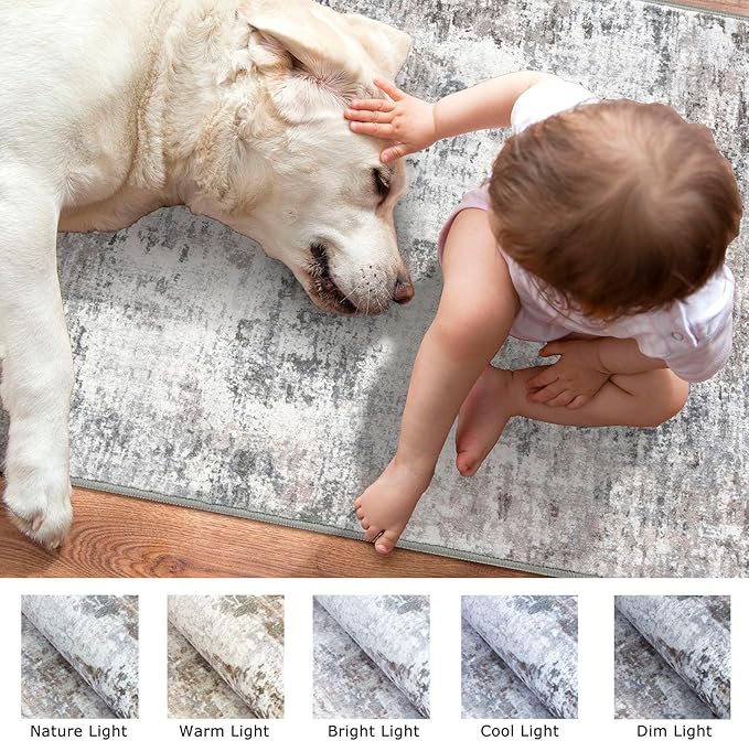 Modern Abstract 6x9 Living Room Washable Rug Non-Slip Soft Bedroom Area Rug Beige Grey Neutral Thin Print Faux Wool Floor Carpet Throw Rugs for Nursery Playroom Dining Room Indoor Office