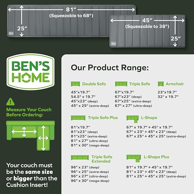 BEN'SHOME® Heavy Duty Sectional Cushion Support Board – Instantly Repair Sagging Sofa Seat | 25" x 81" + 45 | .5" Furniture Grade Wood Under Cushions Insert, Anti-Slip, Extend Sofas & Couches Life