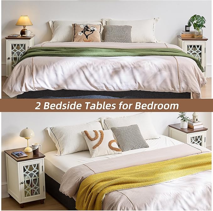 Narrow Side Table with Glass Door, 18 x 14'' Night Stand with Adjustable Shelf Storage Cabinet Organizer, Bedside End Tables Wood Nightstand for Small Spaces Living Room Bedroom