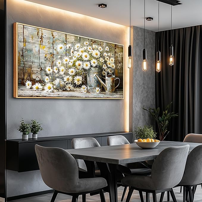 PHAOHUAXM Large Canvas Wall Art For Living Room Wall Decoration Printing Artwork Retro White Flower Dining Room Bedroom Bathroom Kitchen Wall Painting Home Decoration Wood Frame Aesthetics 24x48 In
