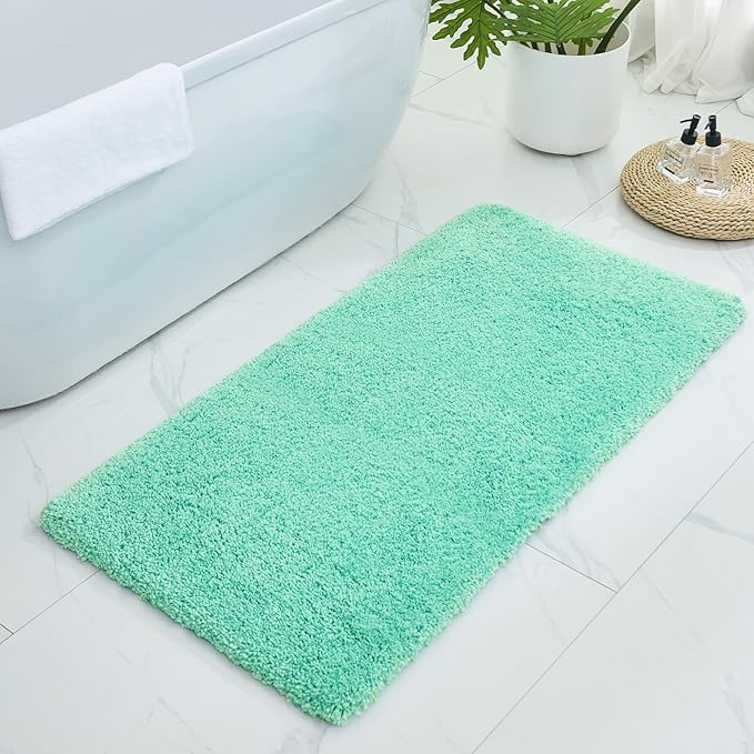 Bathroom Rugs 48x24, Ultra Thick Shaggy Soft Microfiber Absorbent Bath Rug, High Density Foam Latex Non Slip Backing, Machine Washable Bath Mats for Bathroom Floor & Sink, Spa Blue