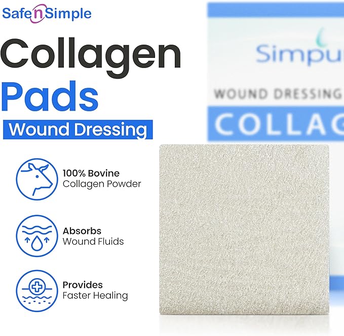 Collagen Dressing Pads - 4" x 4" 5 Count Collagen Pads for Wounds - Non-Adherent Collagen Dressing for Wound Care - Safe n' Simple Wound Care Supplies.