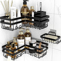StorageRight 3 Pack Black Corner Shower Caddy with Soap Holder, 2 Large + 1 Soap Holder Style, No Drilling Wall Mount Iron Shower Organizer Shelf with Hooks