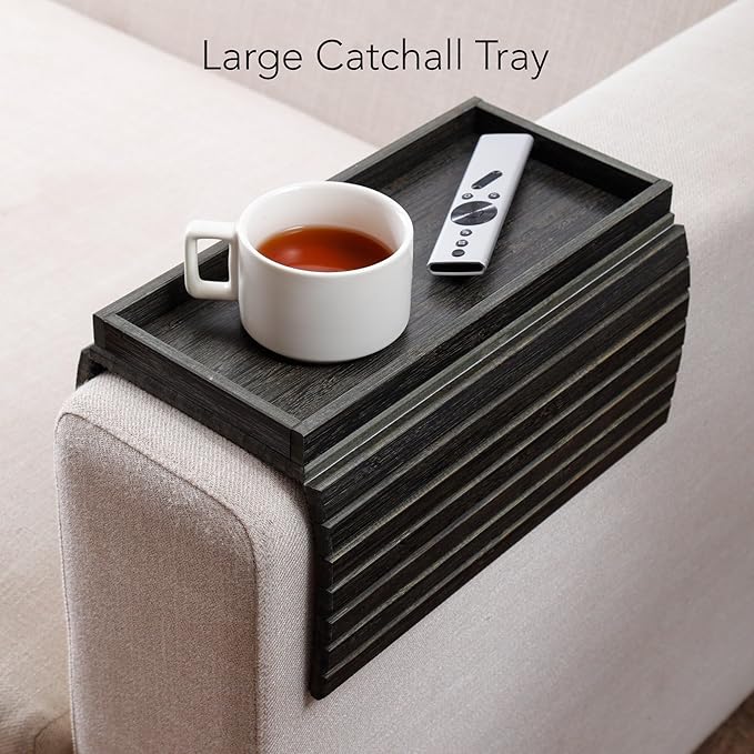 DETOR Sofa Arm Tray with Spacious 12.4" x 5.4" Storage Box, Black-Stained Bamboo Finish, Enhanced Non-Slip Felt Bottom, Sturdy Bamboo Slats, Fits Armrests 6" and Wider