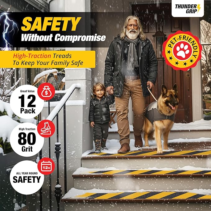 Black and Yellow Non Slip Strips for Steps 30" x 6" 12-Pack Outdoor Stair Treads - Waterproof Anti Slip Grip Tape for Safety Walk - Strong Adhesive Caution Tape for Floor and Ramps by Thunder Grip