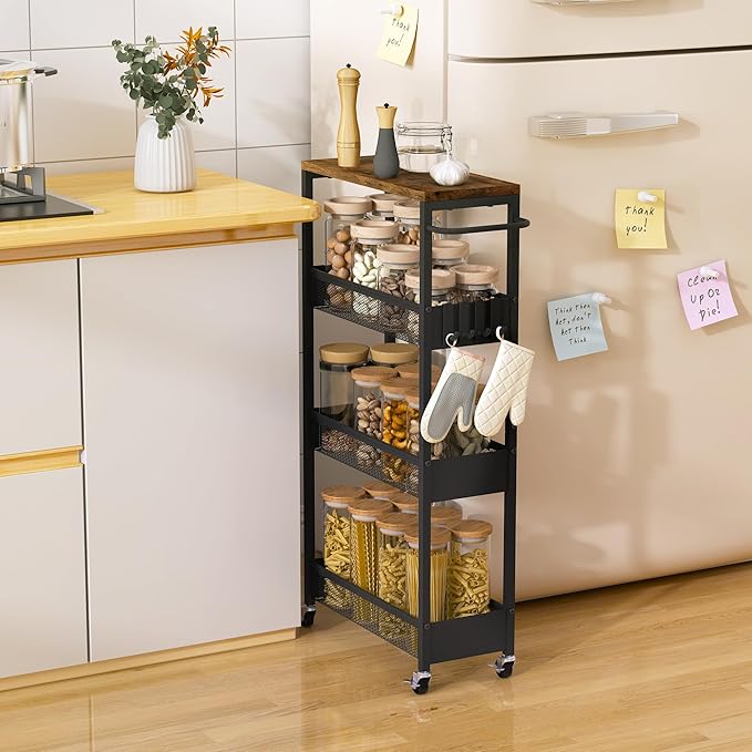 Slim Rolling Storage Cart, 4 Tier Metal Narrow Utility Cart with Handle and Wood Top, Multifunctional Small Mobile Shelf Unit Organizer Trolley for Laundry, Bathroom, Kitchen