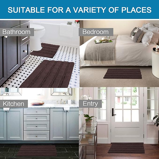 Bathroom Rugs Bath Rug Set 2 Piece Bathroom Contour Rug Toilet Mat Sets Non Slip Contour Bath Rug Set Ultra Thick Water Absorbent Striped Bath Mats Washable(20" x 32" Plus 20" x 20" U, Chocolate)