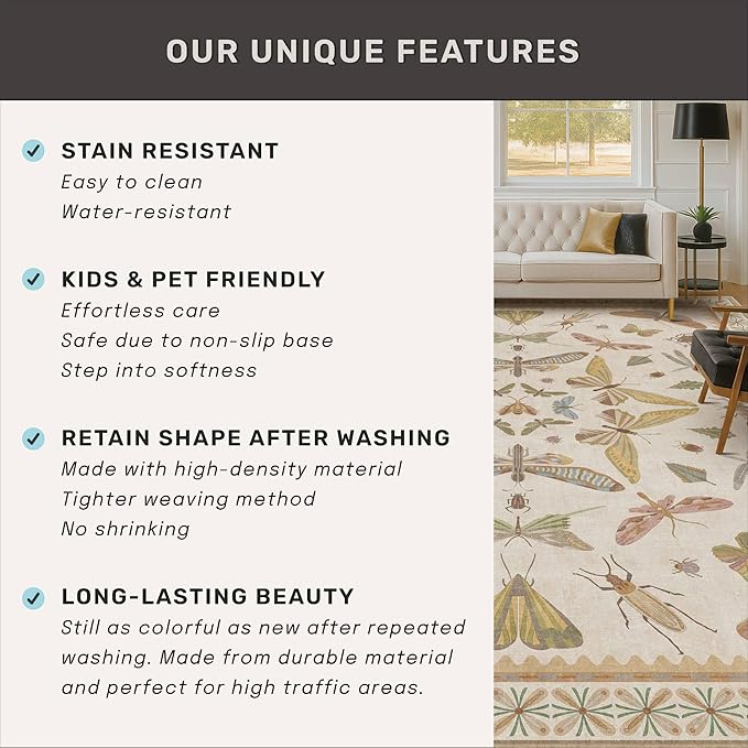 Beige Neutral Small Rugs for Bedroom - 3x4 Throw Rug for Large Entryway, Kitchen, Nursery Room, Insect Print Floral Non-Slip Accent Rug Low Pile Stain Resistant