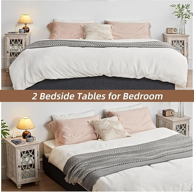 Narrow Side Table with Charging Station Set of 2, Night Stand with Glass Door,Bedside End Tables with Adjustable Shelf Storage Cabinet,Wood Nightstand for Small Spaces Living Room Bedroom