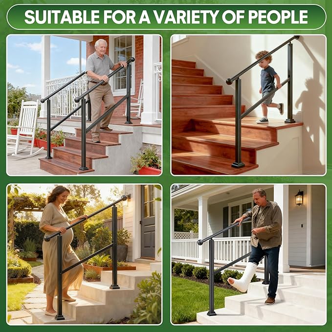 3-Step Outdoor Stair Handrail Kit, Heavy Duty Aluminum Alloy Adjustable Height with Powder Coated Black Metal Finish Complete Installation Hardware & Tools Included for Concrete Porch Deck Brick