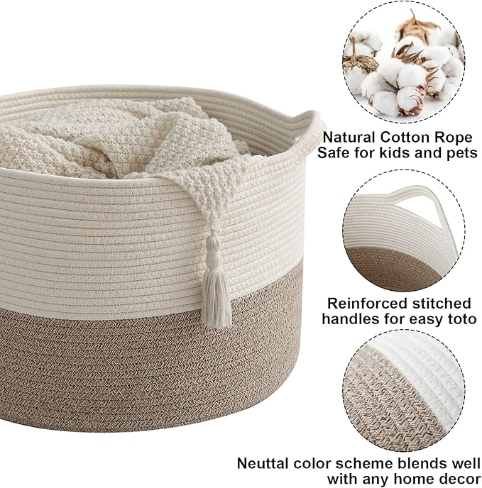 Large Storage Basket with Handle,23.6" x 23.6" x 15.7" Blanket Basket Storage Bins for Organizing,65L Cotton Rope Woven Baskets for Living Room, Nursery ,Bedroom,White&Brown