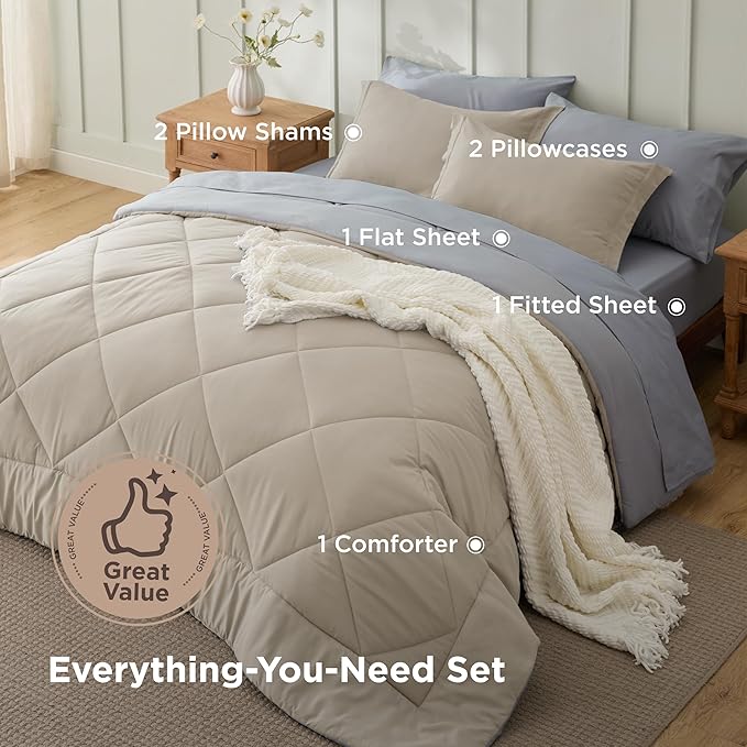 Bedsure California King Comforter Set - 7 Pieces Reversible Beige Bedding, California King Size Bed Set for All Seasons, Bed in a Bag with Down Alternative Comforter, Sheets, Pillowcases & Shams