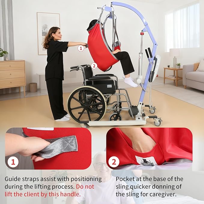Patient Lift Divided Leg Sling – Heavy Duty 500 lbs Capacity, Easy Hygiene Access with Handles & Pocket, Machine Washable – Small/Medium/Large for Elderly, Disabled & Bariatric Care（Red, S)