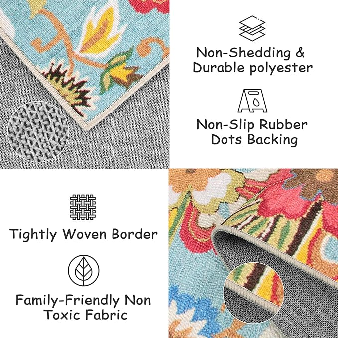 Beeiva Floral Washable Kitchen Runner, Vintage Colorful 2.5x10 Rug Runners for Hallways Non Slip Ultra Thin, Printed Distressed Laundry Room Carpet for Bedroom Bathroom