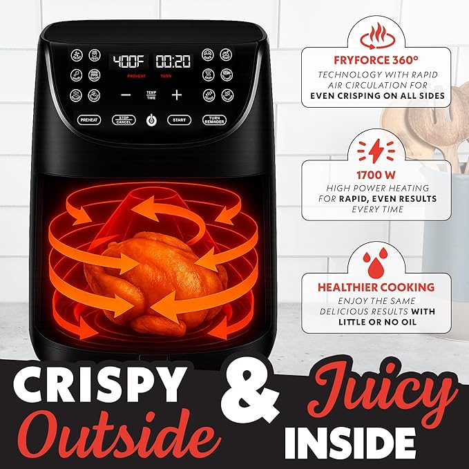 Gourmia Air Fryer - 7 Qt Large Capacity, FryForce 360º, Digital Display with 12 Presets, Roast, Bake, Broil, Dehydrate, Dishwasher Safe Accessories, Black