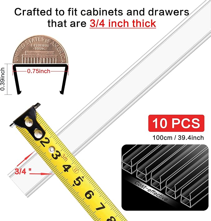 MONOID Drawer Edge Protector, Slip-On Clear Table Corners Guards, Door Kitchen Furniture Bumper, Prevent Wear, Impact Protection, Ease to Cut, 3/4" Thick, 39.4" Length – Clear, Pack of 10