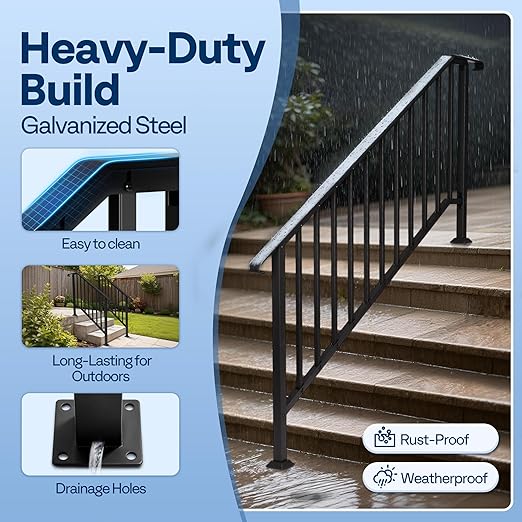VIVOHOME 2-Pack 6 Step Galvanized Steel Hand Rails for Outdoor Steps – Curved Ends and Safety Balusters Exterior Railing for Porch, Deck, or Indoor Stairs, Complete Installation Kit