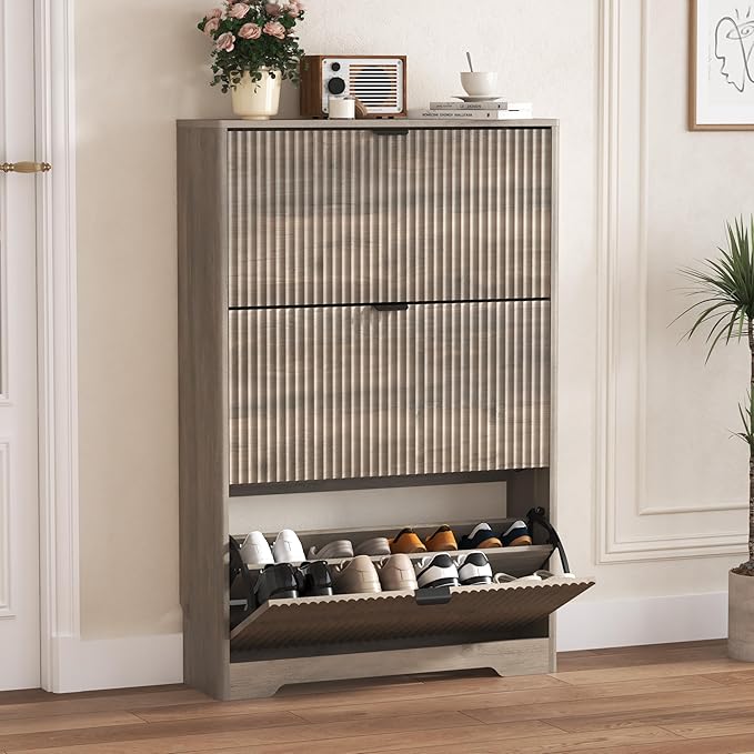 Shoe Cabinet Storage for Entryway with 3 Flip Drawers, Grey Fluted Shoe Cabinet with Adjustable Shelves, Wooden Hidden Shoe Rack Freestanding Narrow Slim Shoes Storage for Hallway, Entrance