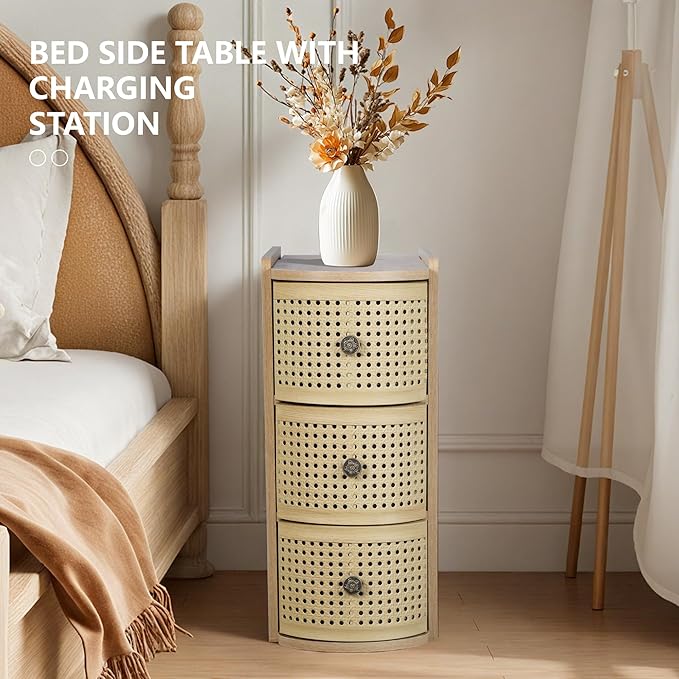 Metal Rattan Narrow End Table with Charging Station, Boho Side Table with Drawers Storage, Small Night Stand with Power Outlets and USB Ports, Sofa Side Table for Living Room - Natural