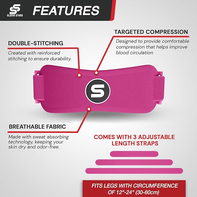 SLEEVE STARS Swedish Brand Patellar Tendon Support Strap for Women & Men Effective Osgood Schlatter Knee Brace Youth & Kids Knee Brace with 3 Adjustable Length fits 12"-24" (Pair/Hot Pink/Adult)