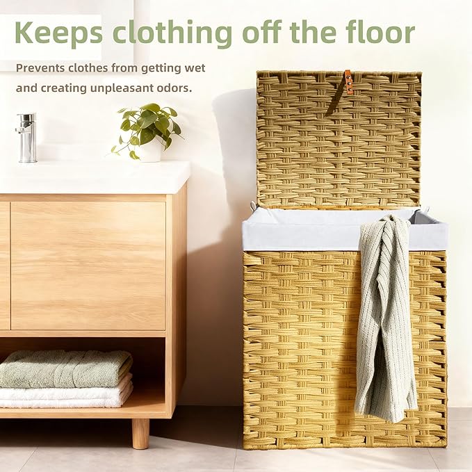 Woven Rattan Laundry Hamper with Lid & Handles,90L Foldable Laundry Basket Includes Machine Washable Removable Liner with 2 Compartments for Storage Basket for Bedroom, Bathroom(Yellow)