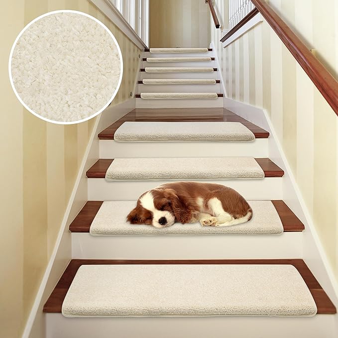 PURE ERA Bullnose Carpet Stair Treads Set Tape Free Non-Slip Indoor Stair Protectors Pet Friendly Rugs Covers Soft Skid Resistant Washable Reusable 9.5" x 30"(7 Pieces,Light Beige)