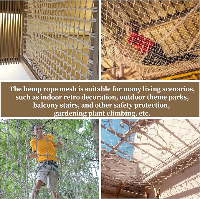 Jute Hemp Rope Net (3ftx6ft), Heavy Duty Natural Climbing Safety Rope Netting Balcony Stairs Fence Garden Playground Protection Net Indoor & Outdoor Decor Rope Net