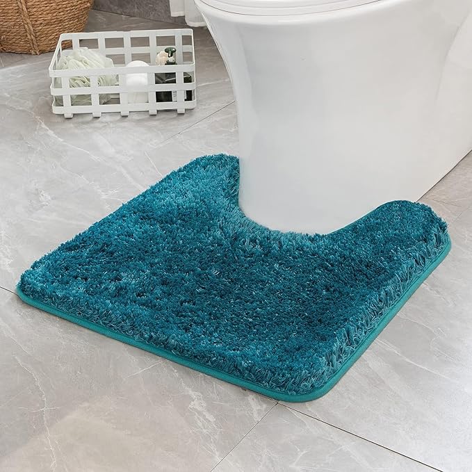 MIULEE Microfiber Toilet Bath Mat U-Shaped Contour Shaggy Bathroom Rugs Non Slip Extra Thick Soft Bath Rug Absorbent Water for Bathroom Commode Machine Washable(24x24 Inch, Teal)