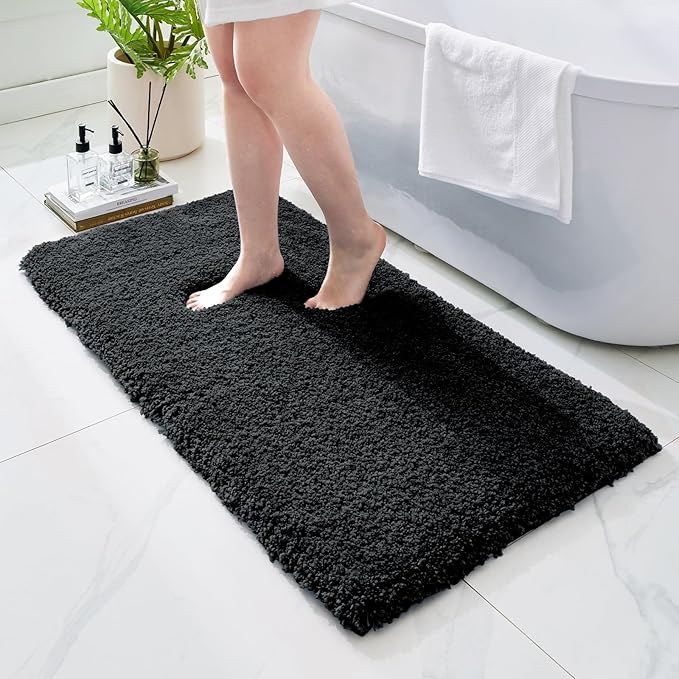 Bathroom Rugs 70x24, Ultra Thick Shaggy Soft Microfiber Absorbent Bath Rug, High Density Foam Latex Non Slip Backing, Machine Washable Bath Mats for Bathroom Floor & Sink, Black