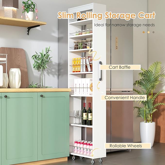 Slim Rolling Storage Cart with Wheels, 7 Tier Mobile Shelving Unit Organizer, Skinny Shelf Spice Rack, Slim Kitchen Cart for Pantry, Laundry, and Narrow Places(7.8 in)