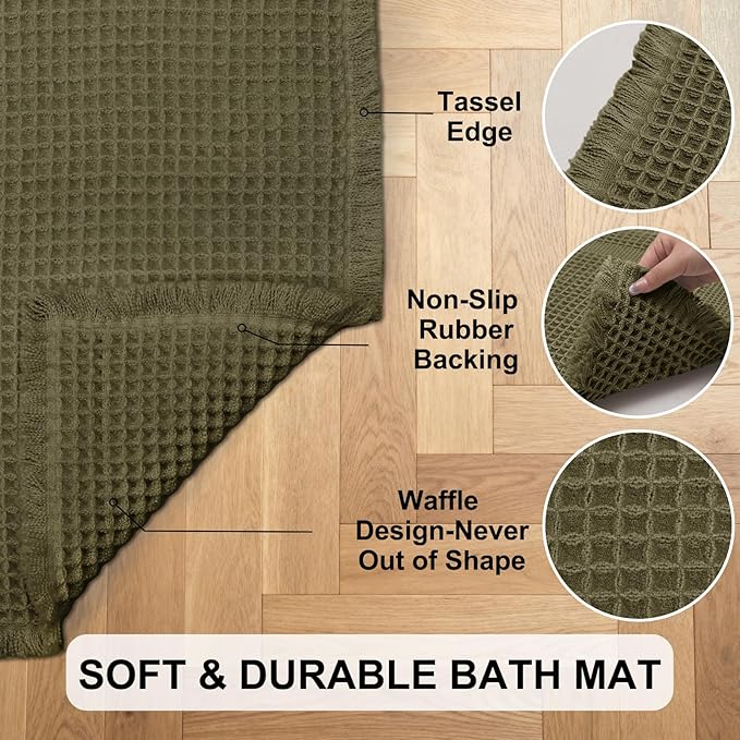 Hiasan Waffle Bath Mat, Super Absorbent Non Slip Bathroom Boho Rug with Tassels, Machine Washable Bath Mats for Bathroom, Ultra Soft Rubber Backed Rug, Grayish Green, 24 x 60 Inches