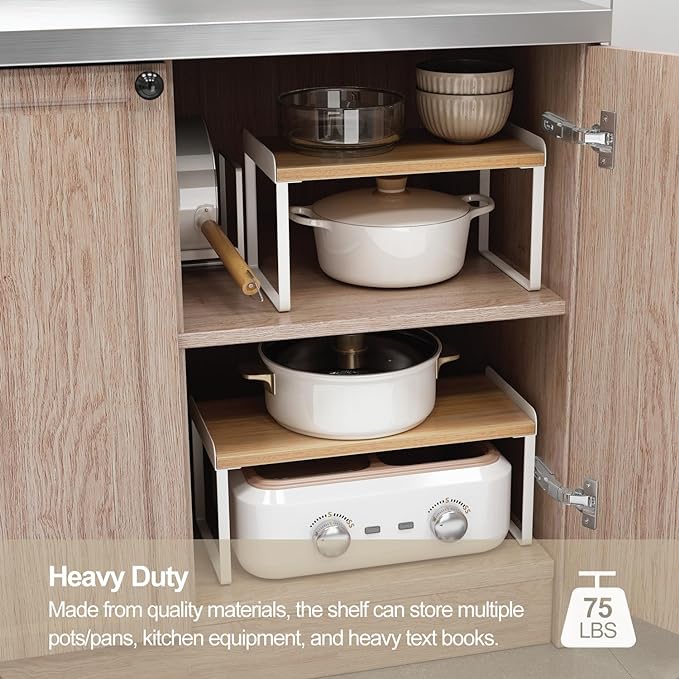 Mitus Shelf Organizer and Storage, Tiered Wood Cabinet Rack for The Kitchen Counter, Bathroom Counter, Pantry Cupboard, Office Desk Bookshelf, 16" Wide Natural and White