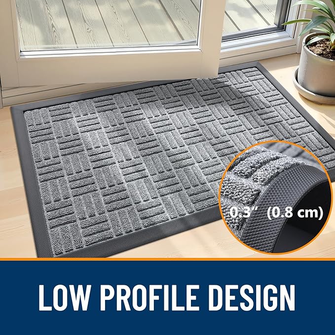 OLANLY Front Door Mat Outside Entrance 33x21, Absorbent, Heavy Duty Sturdy Natural Rubber Doormat Indoor Outdoor, Non-Slip, Stain and Fade Resistant, Low Profile Floor Mat for Entryway, Charcoal Gray