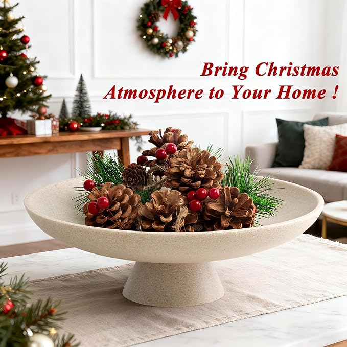 Modern Resin Pedestal Decorative Bowl, Large Fruit Bowl for Kitchen Counter, Stylish Key Bowl for Entryway Table, Beige
