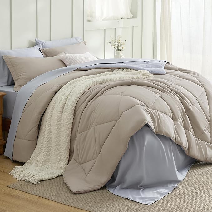 Bedsure California King Comforter Set - 7 Pieces Reversible Beige Bedding, California King Size Bed Set for All Seasons, Bed in a Bag with Down Alternative Comforter, Sheets, Pillowcases & Shams