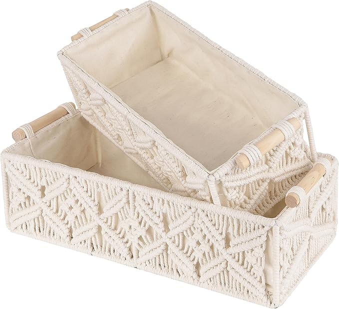 Boho Macrame Storage Baskets - Set of 2 with Leaf Pattern, Cotton Woven Bins for Toilet Tank, Bathroom, Shelf, Entryway Decor, Clutter-Free Space Organizers (White)