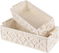 Boho Macrame Storage Baskets - Set of 2 with Leaf Pattern, Cotton Woven Bins for Toilet Tank, Bathroom, Shelf, Entryway Decor, Clutter-Free Space Organizers (White)