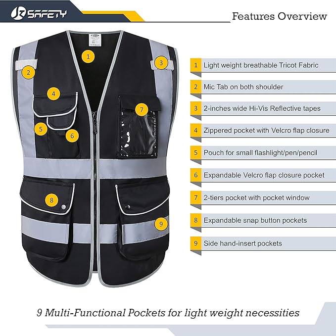 JKSafety 9 Multi-Functional Pockets Zipper Front Safety Vest With Reflective Strips Meet ANSI/ISEA Standards (150-Black, 3X-Large)