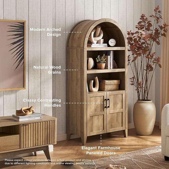 mopio Lauren 65.4" Short Arched Cabinet, 5-Tier Arched Bookcase with Doors and Shelves, Mini Arch Bookshelf with Storage, Wooden Storage Cabinet for Living Room and Kitchen Pantry (Set of 2, Oak)