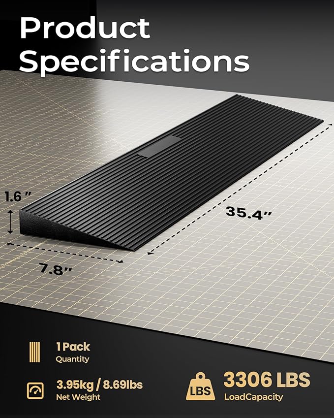 FACHNUO 1.6" Rise Rubber Threshold Ramp for Doorways, 35.4" Wide, 3306 LBS Load Capacity Wheelchair Ramp - Cuttable Non-Slip Rubber Ramp, Secure and Stable for Curbs, Wheelchairs, Walkers and Scooters