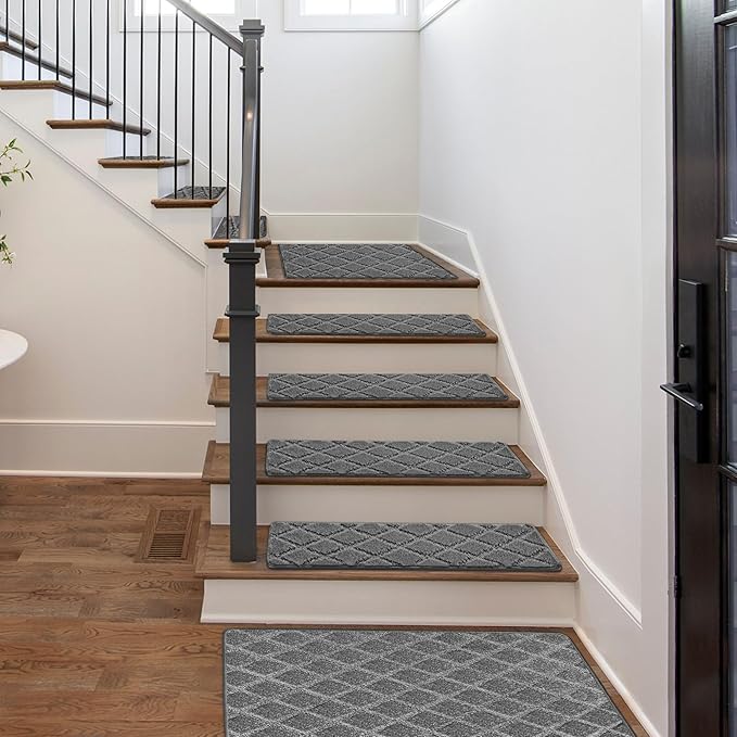 PURE ERA Carpet Stair Treads Tape Free Non Slip Indoor Stair Carpet Stair Protectors Pet-Friendly Non-Slip Skid Resistant Washable Reusable 8" x 30"(2 Pieces,Gray Diamond Trellis)