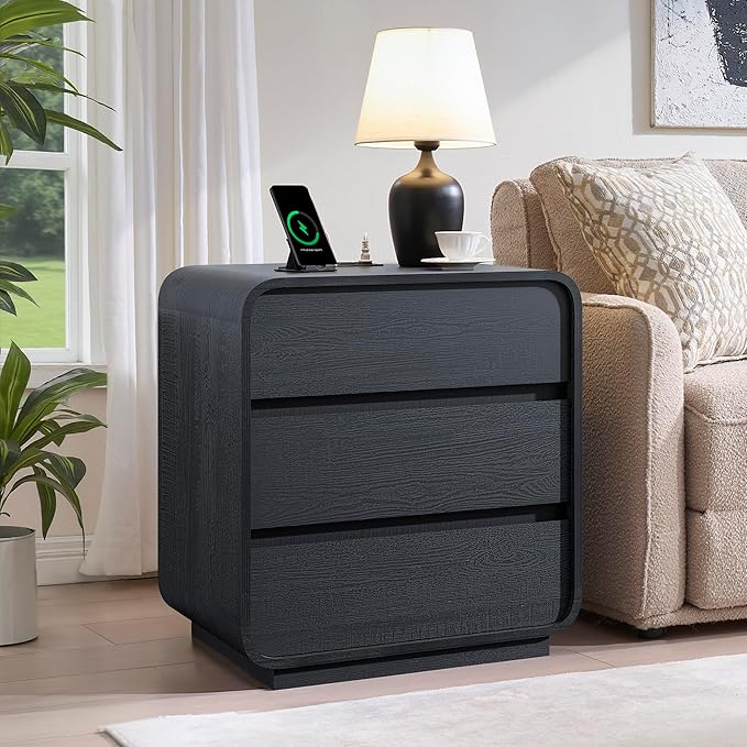 Black Curved Night Stand Set of 2 with Charging Station, 25" Tall Wood Bedside Table Nightstand with 3 Storage Drawers, Mid Century Modern End Table for Bedroom, Office