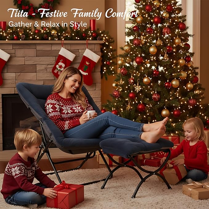 Tiita Folded Chair with Ottoman, Soft Faux Fur Oversized Folding Accent Chair,Lounge Lazy Chair, Metal Frame Moon Chair for Bedroom, Living Room, Dorm Rooms, Garden and Courtyard