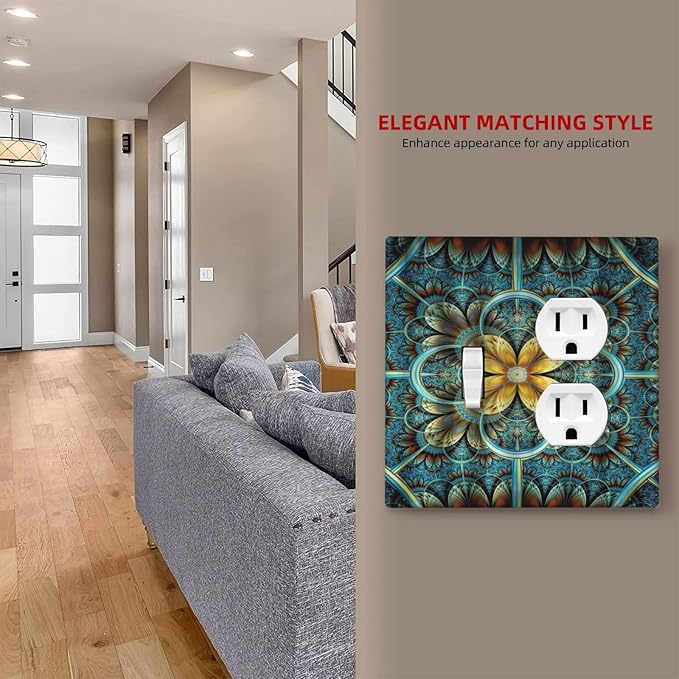 Decorative Light Switch Cover Plate Boho Fractal Mandala Bohemia 2 Gang Outlet Covers 1 Toggle 1 Duplex Wall Plate Decorate Electrical Switch Plate Covers for Bedroom Home Decor