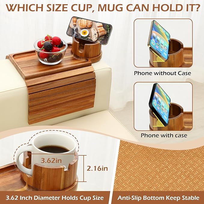 Couch Cup Holder Tray, Acacia Wood Couch Armrest Table with 360° Ratated Phone Holder, 18.99" Flodable Anti-Slip Sofa Armrest Tray Tables for Snacks Remote Storage