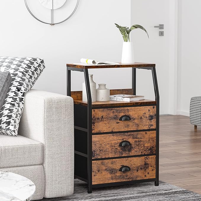 Furnulem Nightstand with 3 Drawers and 2-Tier Shelf, Fabric Small Dresser Organizer Vertical Storage Tower for Bedroom, Closet, Hallway, Nursery, End Table Side Furniture, Sturdy Steel Frame, Wood Top