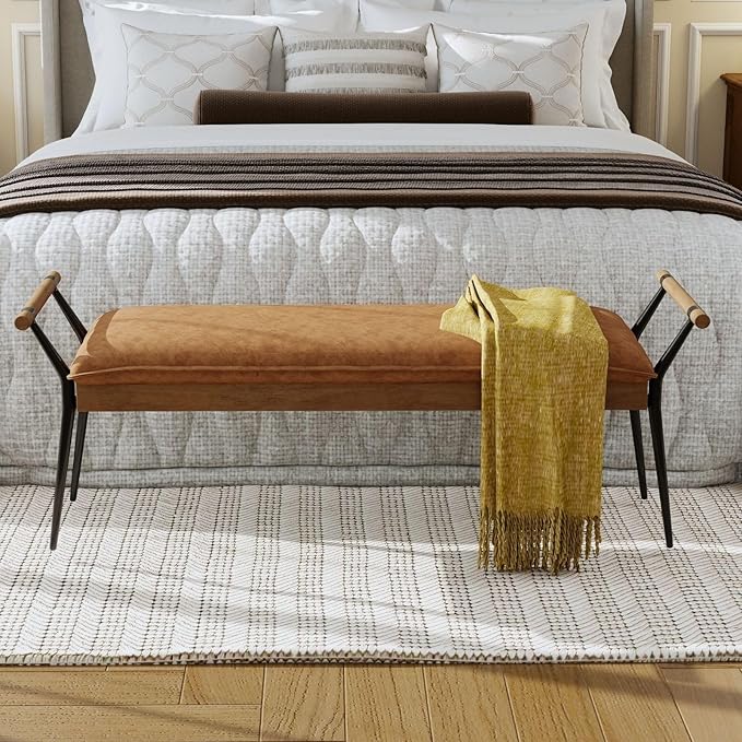 LukeAlon Modern PU Leather Entryway Bench, Upholstered End of Bed Bench with Arms Classic Bedroom Ottoman Bench with Metal Legs Elegant Footstool for Entrance Living Room, Brown